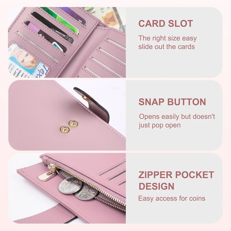 yiijay Womens Wallet RFID Blocking Leather Trifold Clutch Wallet Credit Card Holder Ladies Travel Wallet Purse with Pen Holder - Image 3
